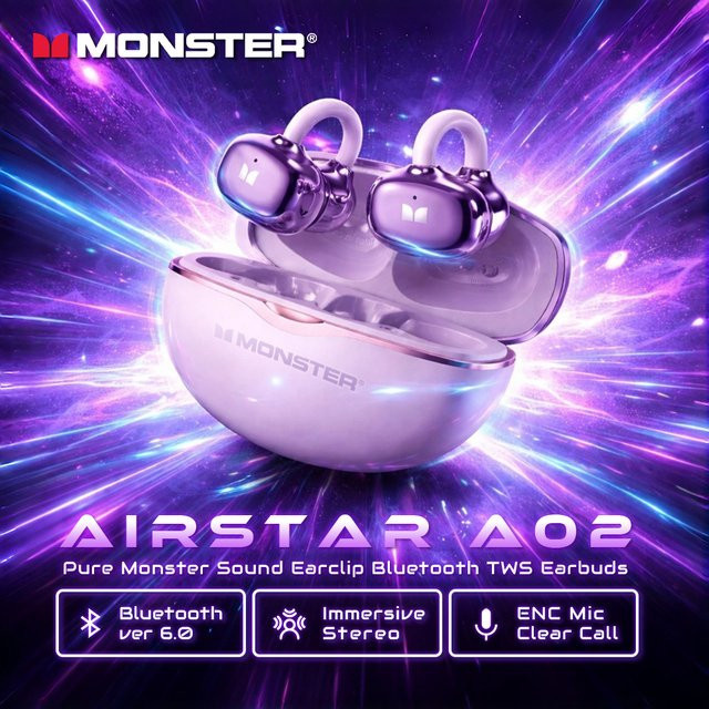 Monster Airstar A02 OWS Ohrclip-Kopfhörer in Schwarz mit 360 Grad HiFi Stereo, kabellose Bluetooth 6.0 TWS Sport-Ohrhörer mit IPX4 Wasserdichtigkeit - Bild 1