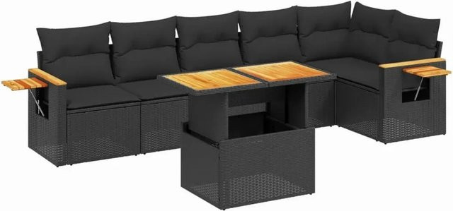 vidaXL 7-teilige Garten-Sofagarnitur in L-Form aus schwarzem Poly-Rattan mit Kissen und Akazienholz - Bild 1