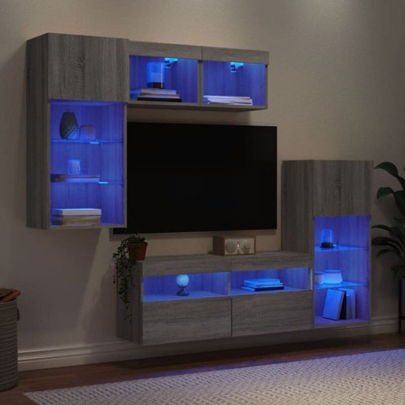 Vidaxl 5-tlg. moderne Wohnwand mit LED-Beleuchtung in Grau und Sonoma Holzoptik aus Holzwerkstoff und Glas - Bild 1