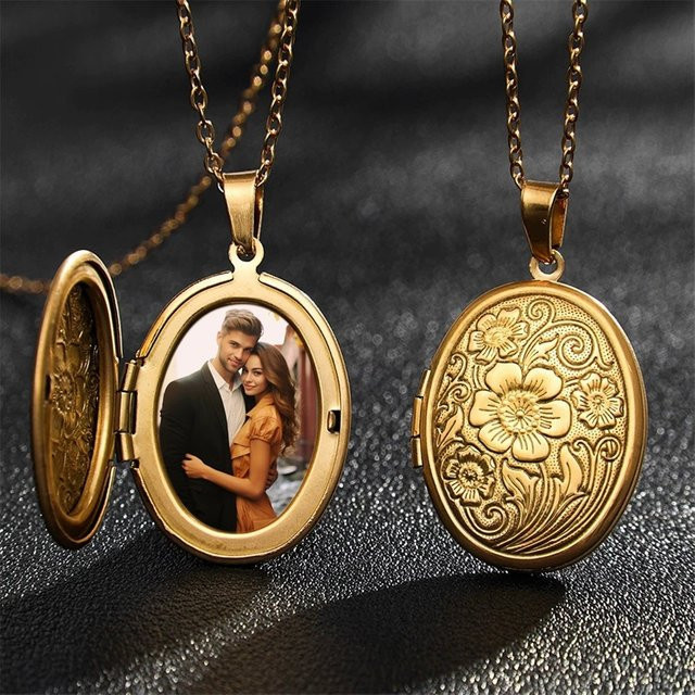 XCL Halskette, Blumen-Foto-Medaillon, oval, Gold, Damen - Bild 1