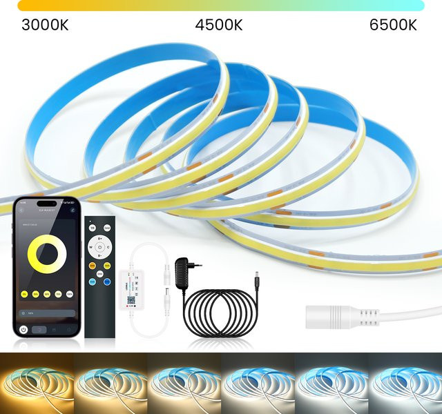 HEGEHE COB LED-Streifenleuchte mit Bluetooth App Steuerung, dimmbar, CCT 2700K - 6500K, 24V, weiß - Bild 1