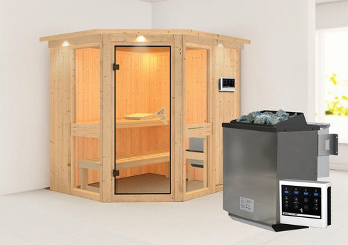 Karibu Sauna Pölva 1 Bio-Kombi-Sauna in Beige für 3 Personen inklusive 9 kW Saunaofen mit externer Steuerung, B/T/H: 210 x 184 x 202 cm - Bild 1