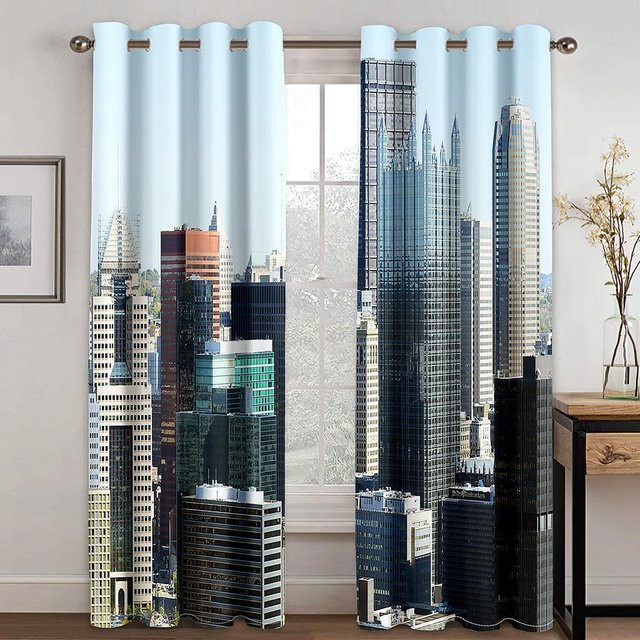 Yiran Furniture Sonnenuntergang Stadtlandschaft Vorhang, halbtransparenter Dekorschal aus Polyester, 2er-Set, Mehrfarbig, B: 50 cm, H: 60 cm - Bild 1