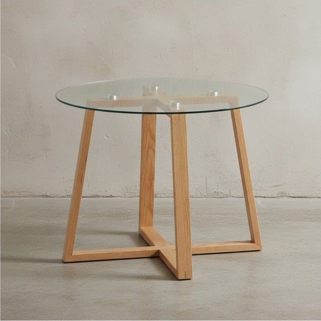 KADIMA DESIGN Couchtisch aus massiver Eiche und Glas in Braun und Transparent, runder Glastisch mit überkreuztem Gestell, B/T/H: 58 x 58 x 47 cm - Bild 1