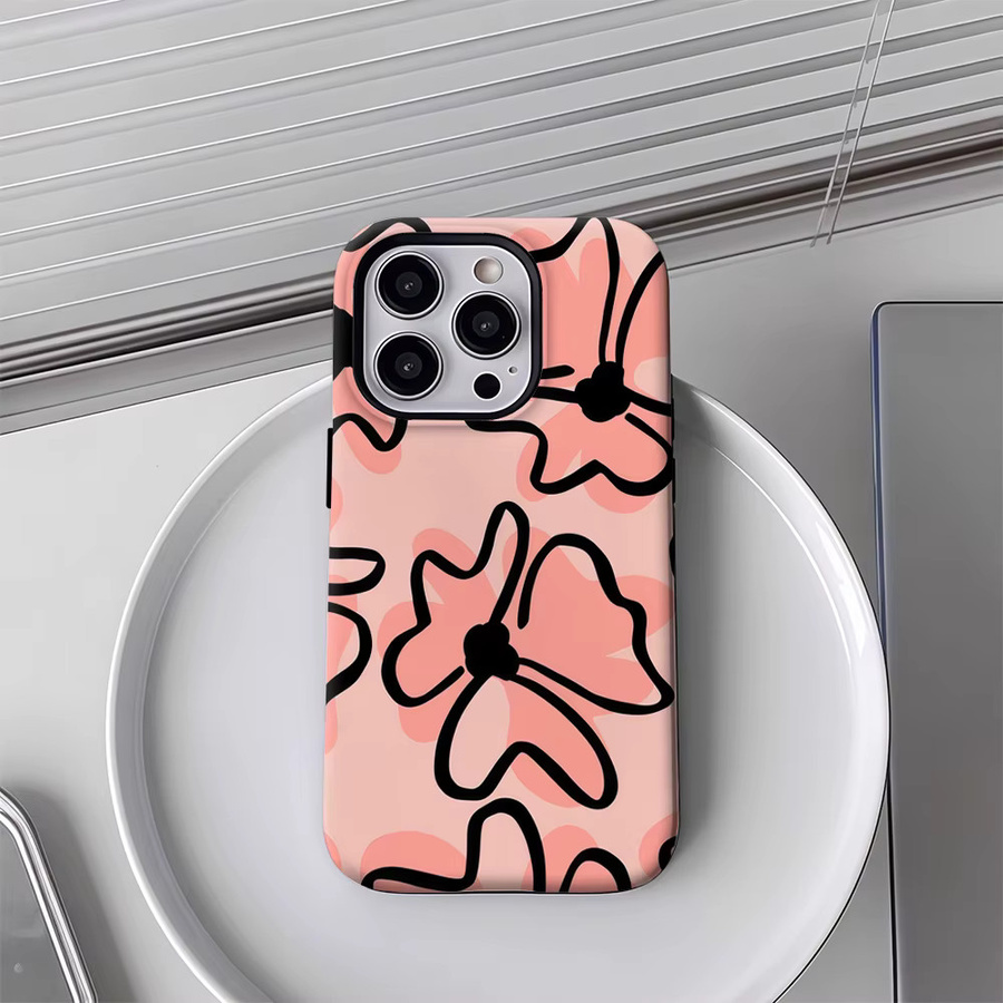 Handyhülle mit Blumenmuster für Apple iPhone 17 16 15 14 13 12 Pro Max Plus, Schwarz und Rosa, doppelschichtige Rückseite - Bild 4