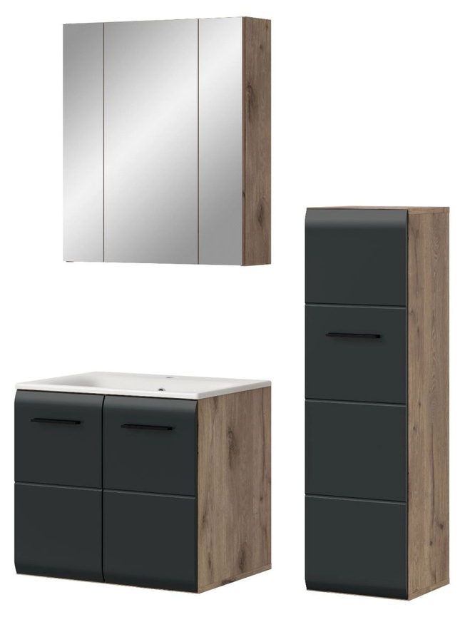 Badmöbel Set Cover von Inn.Furn in Schwarz und Eiche, 3-teilig mit Waschtischunterschrank, Spiegelschrank mit LED-Beleuchtung und Seitenschrank, Breite: 105 cm - Bild 3