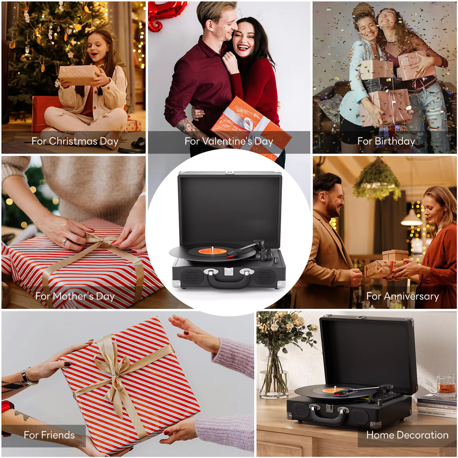 Maio S100 Riemengetriebenes Vintage-Grammophon in Schwarz mit eingebautem Lautsprecher und 3 Geschwindigkeiten für High-Fidelity-Stereo - Bild 6
