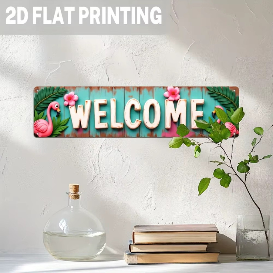 Hello Young Metall-Flamingo-Schild mit tropischem Design in Rosa und Grün, B/H: 40 x 40 cm - Bild 3