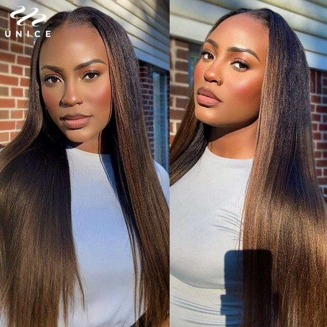 UNice Yaki Straight V-Part Perücke, Kastanienbraun Ombre, 100 % Echthaar - Bild 1