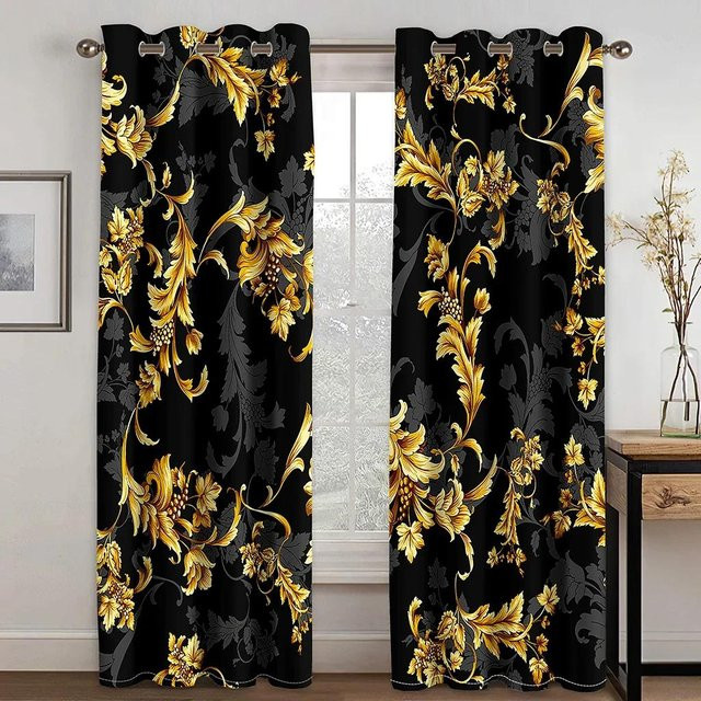 Yiran Furniture Transparente Vorhänge im Barock-Stil mit floralem Muster, Schwarz-Gold, 2er-Set, Höhe: 130 cm, Breite: 50 cm - Bild 1