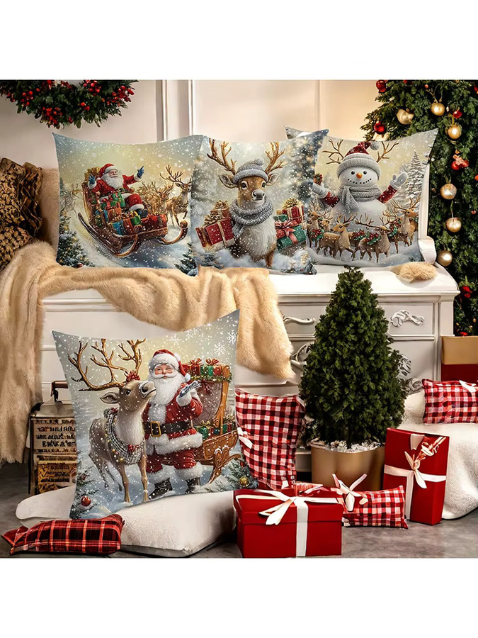 4er-Set ZZN Weihnachtskissenbezüge mit Gold Glitzer Design, Schneemann Elch und Weihnachtsbaum, Farbe Gold/Mehrfarbig, B/T/H: 45 x 45 x 45 cm - Bild 2