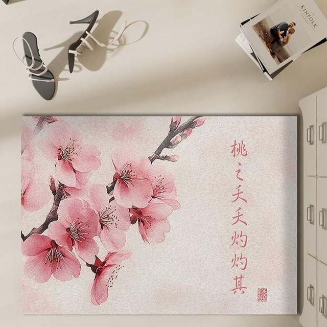 Rutschfeste chinesische Eingangstürmatte aus Polyester mit Seidenring-Design in Pink, B/T: 60 x 40 cm - Bild 1