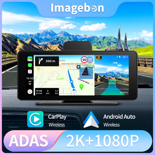 Imagebon 6,86 Zoll Dashcam Rückspiegelkamera mit ADAS, Wireless CarPlay, Android Auto, Bluetooth, AUX, GPS und FM, Schwarz - Bild 1
