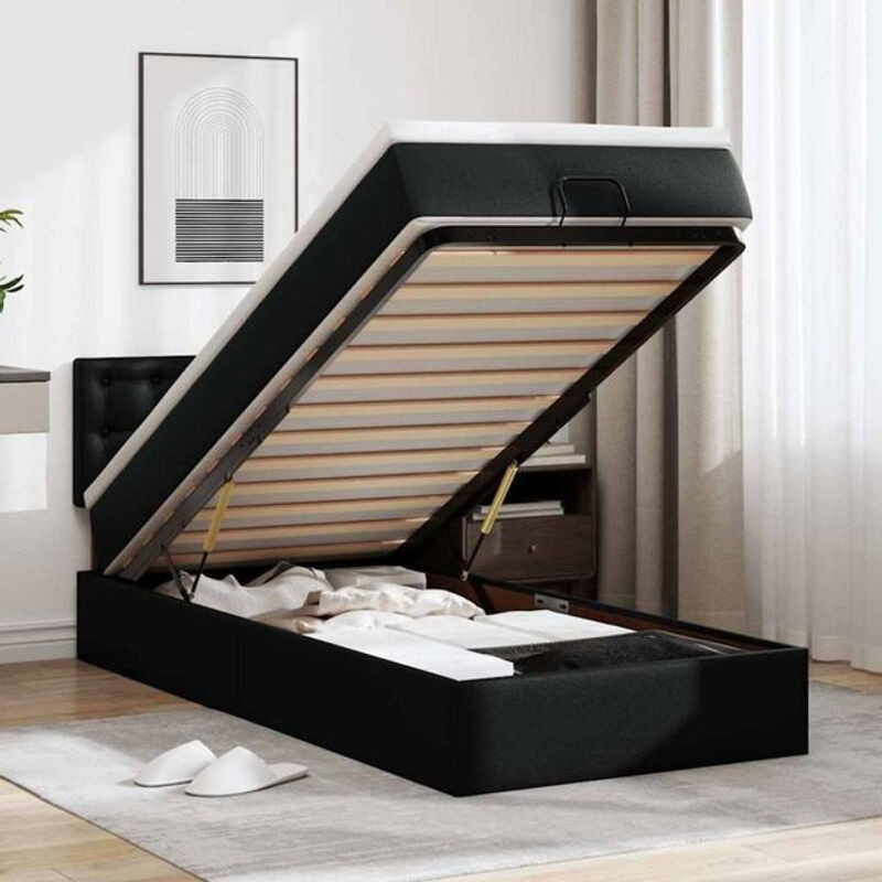 vidaxl Ottoman Polsterbett mit Matratze und LED in Schwarz aus Kunstleder, B/T/H: 90 x 200 x 88 cm - Bild 1