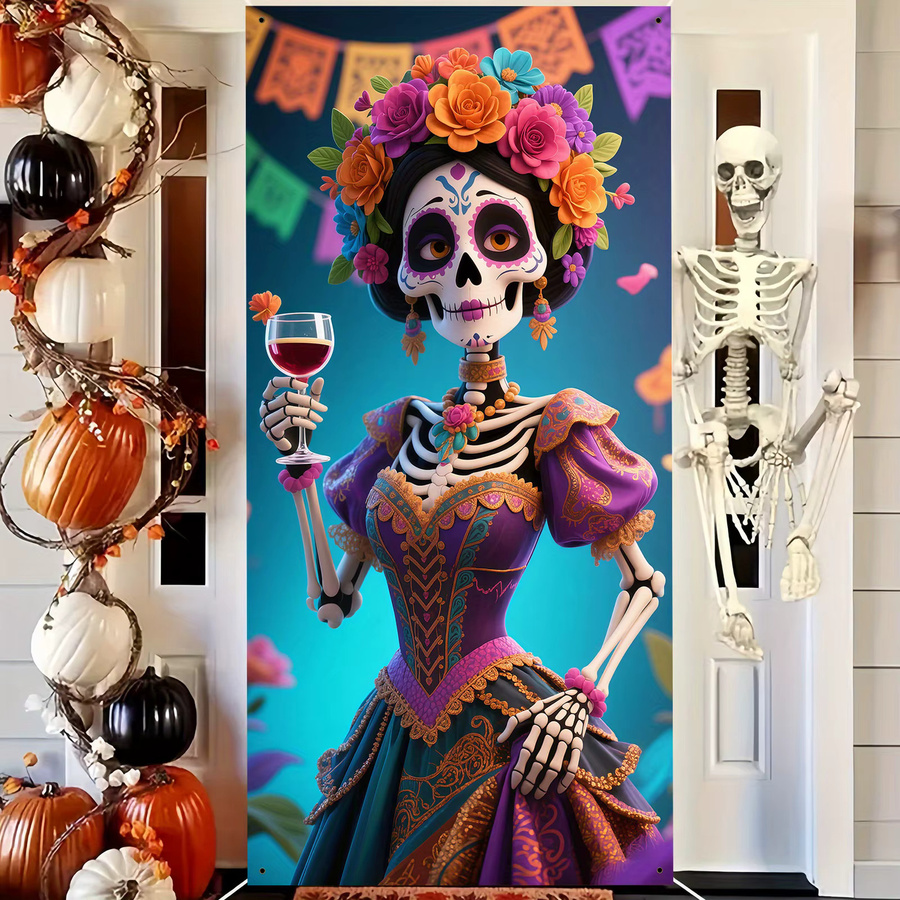 Mexikanisches Tag der Toten und Halloween Party-Banner aus Polyester, Mehrfarbige Wanddekoration mit Blumenmuster, B/H: 90 x 180 cm - Bild 5
