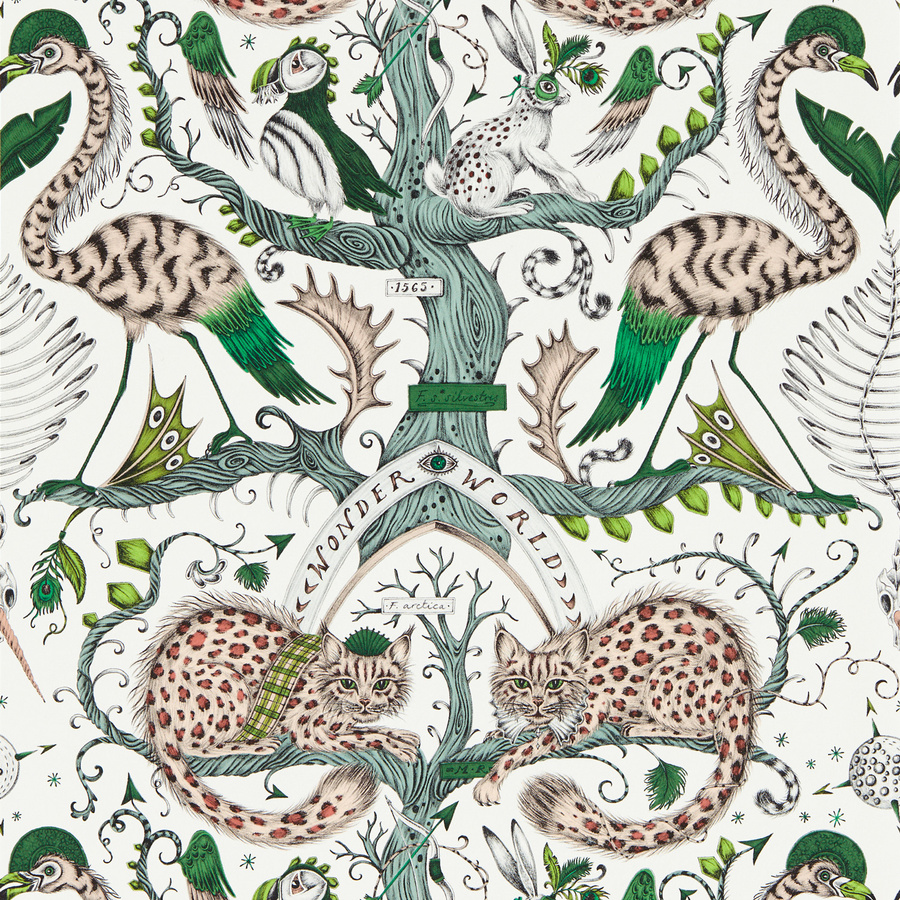 Clarke & Clarke Tapete Wonder World Emerald Green mit Landschafts- und Tiermotiv aus Vlies - Bild 1
