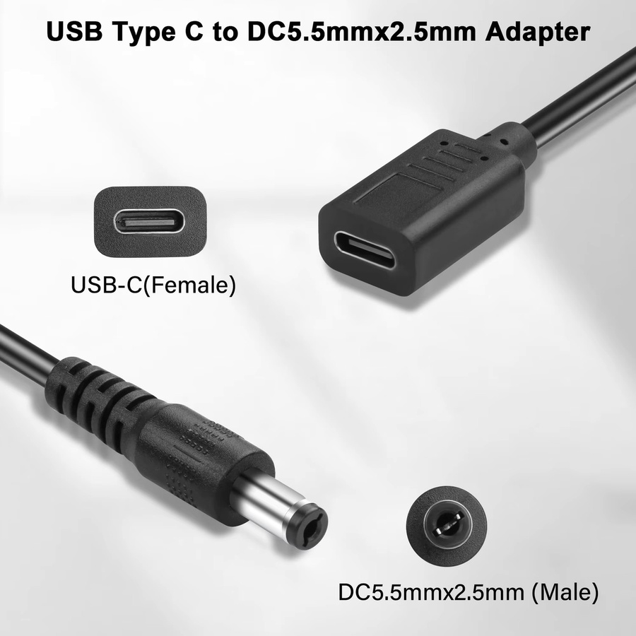 UpperFu DC zu USB-C Stromadapterkabel, 5,5mm x 2,5mm Stecker auf USB-C Buchse, 100W PD Ladegerät für Laptop, Router und CCTV, Schwarz - Bild 2