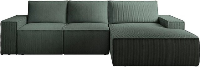 Vente-unique Schlafsofa Amelia in Tannengrün mit Cord-Bezug und L-Form - Bild 1