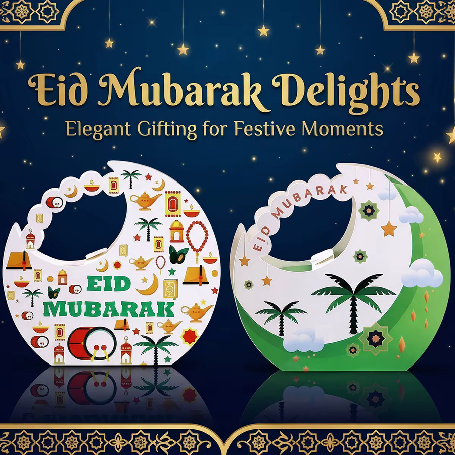6 luxuriöse islamische Geschenkboxen in Mondform aus Papier, Farben: Grün und Weiß, ideal für Datteln, Pralinen oder Desserts - Bild 2