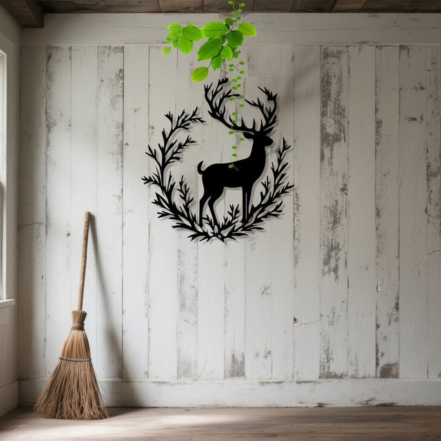 CIFBUY Vintage Wanddekoration aus Eisen mit Hirschmotiv und Kranz in Schwarz, wetterfeste Metall-Wanddekoration für Innen und Außen, B/H/T: 30,48 x 30,48 x 30,48 cm - Bild 1