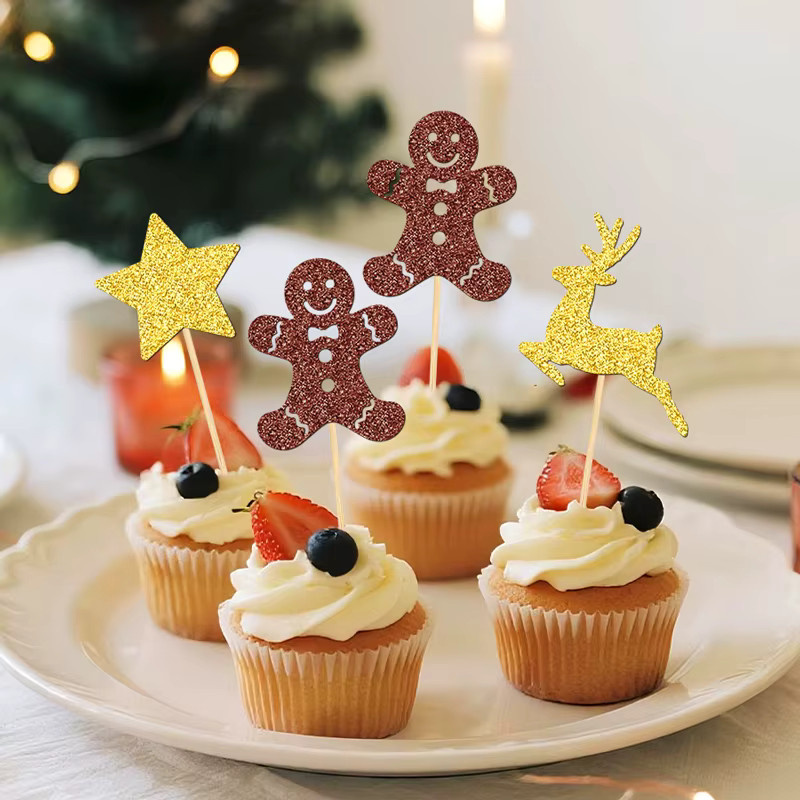 YOMDID 24 Stück Weihnachts-Kuchenaufsätze in Gold und Braun mit Hirsch und Stern als glitzernde Cupcake-Topper und Party-Kuchendekoration - Bild 2