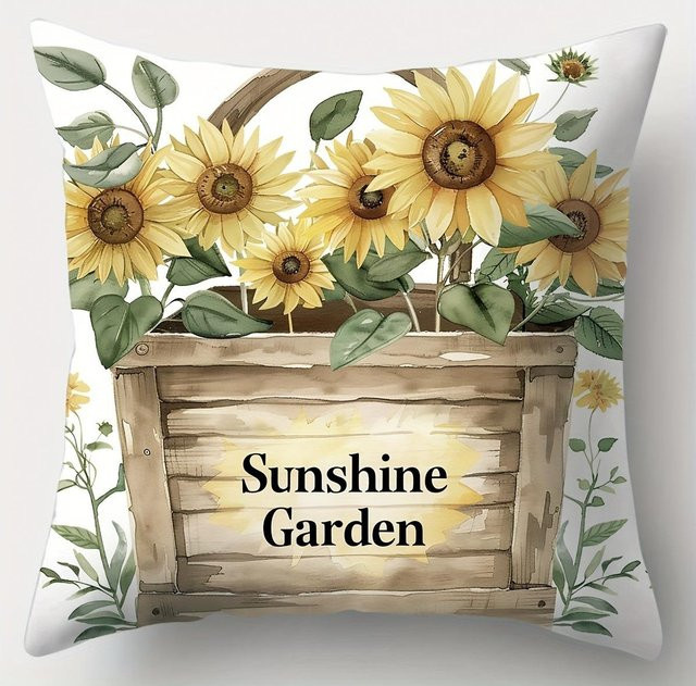 Kissenbezug mit Sonnenblumen und Fahrrad Motiv für Sofa und Schlafzimmer, Peach Skin Stoff, B/B/H: 18 x 18 x 18 cm - Bild 1