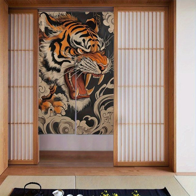 VIKAMA Japanischer Vorhang mit Tiger-Motiv in Multicolour als dekorativer halber Türvorhang für Badezimmer und Eingangsbereiche - Bild 1