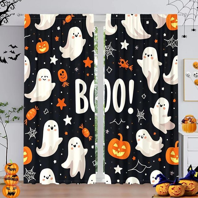 2er-Set Halloween Vorhänge mit Kürbisdruck von Yiran Furniture, Weiß, B: 35 cm, H: 100 cm - Bild 1