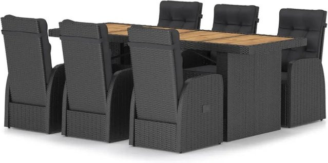 vidaXL 7-tlg Garten-Essgruppe aus Poly Rattan und massivem Akazienholz in Schwarz mit Auflagen - Bild 1