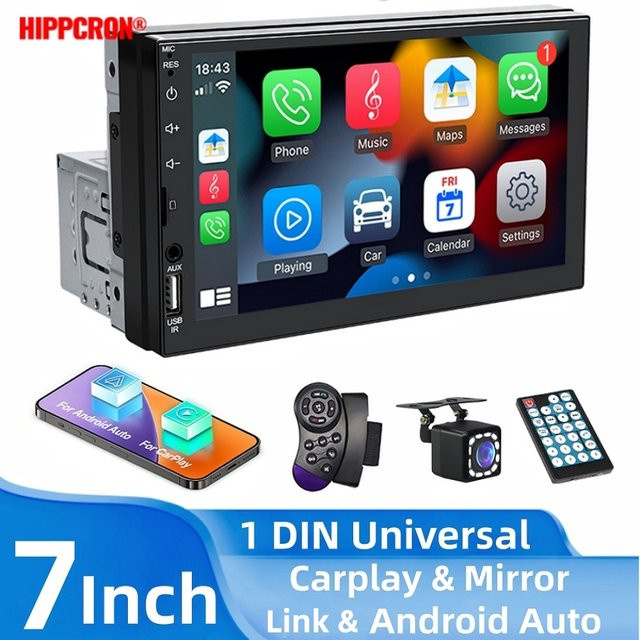 HIPPCRON Auto-MP5-Radio mit 7-Zoll-HD-Bildschirm, kabelgebundenem Carplay und Android Auto für Fahrzeug-Audio-Player in Schwarz - Bild 1