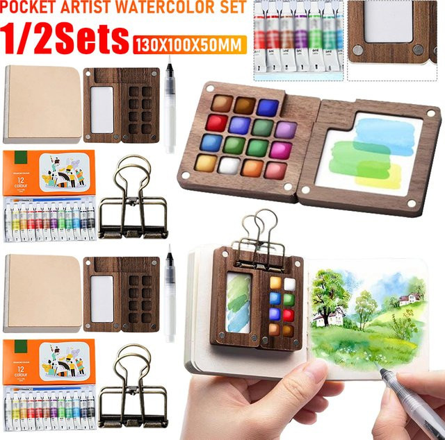 APWIKOGER Mini-Reisepalette aus Holz mit Clip und Aquarelltasche, 8/15 Gitter, Braun - Bild 1