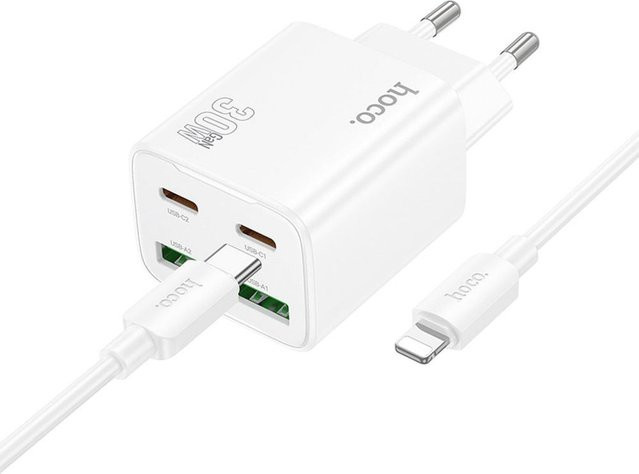 HOCO N56 Netzladegerät mit Lightning-Kabel, 30W, 3A, 2 x USB-A und 2 x USB-C, Weiß - Bild 1