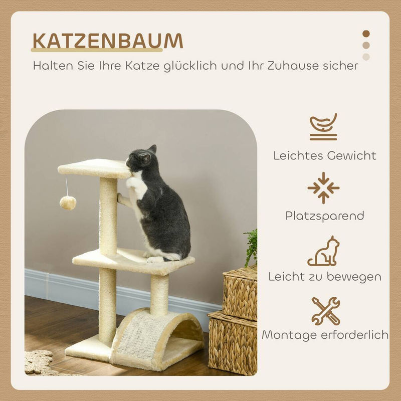 PawHut Kratzbaum Cremeweiß mit Plüschballen und Sisalstämmen, mehrstöckiger Katzenturm für mittelgroße Katzen, B/T/H: 35 x 40 x 72 cm - Bild 3