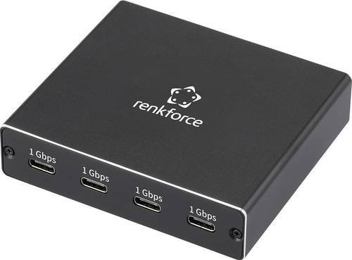 Renkforce RF-NS-200 USB-C Splitter mit 4 RJ45 Ethernet LAN Ports, 1 GBit/s, Schwarz - Bild 1