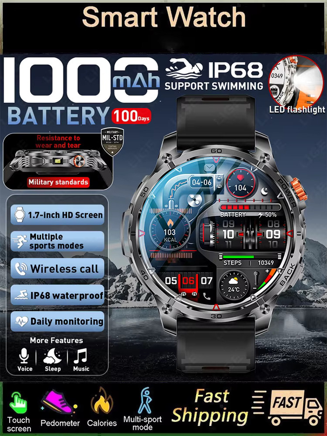 LIGE Smartwatch, Bluetooth, 1,75 Zoll, Schwarz, Herren - Bild 6