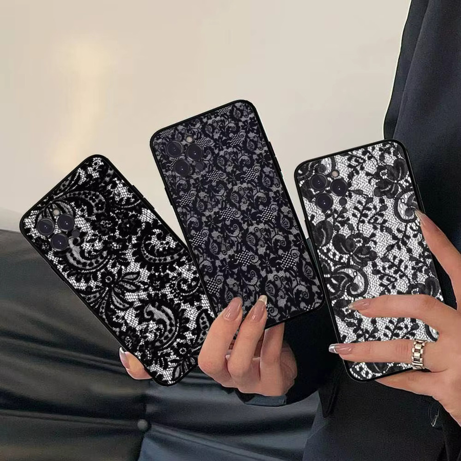 Schwarze Handyhülle mit Spitzenmuster von Potdemiel für iPhone 17 16 15 16e 14 13 12 11 Pro Max Plus - Bild 2