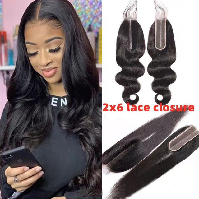 Linhua Body Wave 2x6 Lace Closure, brasilianisches Echthaar, glatt, transparent, natürlich vorgezupft - Bild 1