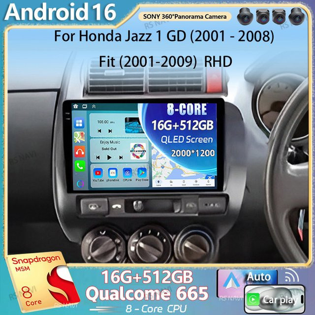 RSNAVI Android 16 Multimedia Autoradio für Honda Jazz GD 2001-2008 mit 2K QLED Display, GPS, 4G, CarPlay und Videoplayer in Schwarz - Bild 1