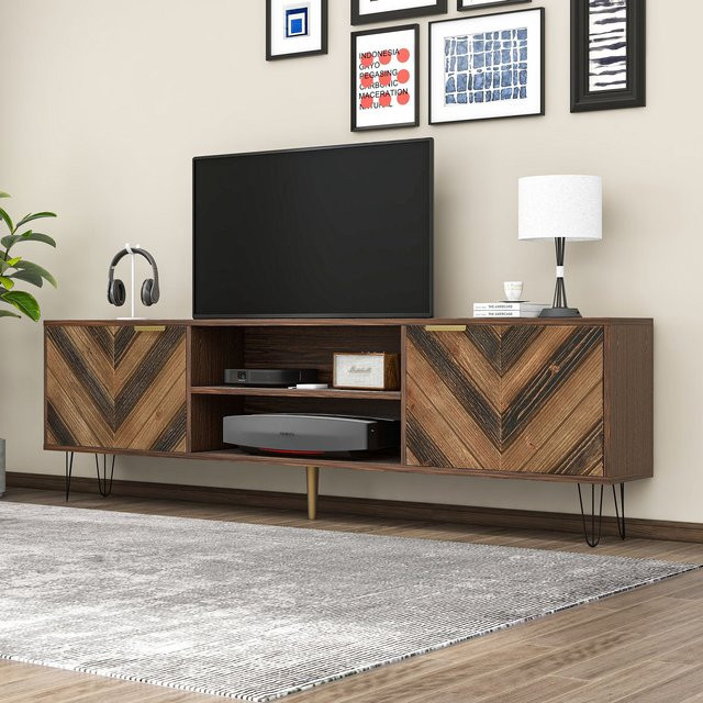 Aosom TV-Schrank Lowboard aus Massivholzfurnier in Braun mit Eisenfüßen und vergoldeten Griffen, B/T/H: 157 x 38 x 48 cm - Bild 1