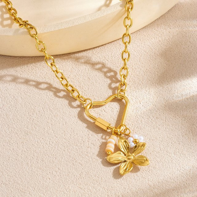 xiyanike Halskette mit Herz Perle Blume Anhänger, Edelstahl, Gold, Damen - Bild 1