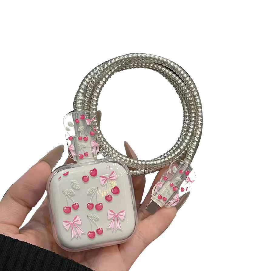 Schutzhülle für 40W Ladegerät und Ladekabel mit Mädchen-Schleife Design in Beige, passend für iPhone 16 Pro und 17 Datenkabel - Bild 3