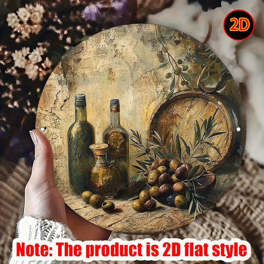 Potdemiel Wandkunstschild 2D Flat aus Aluminium im Vintage-Stil mit Stillleben von Flaschen, Gläsern und Oliven, rund, Mehrfarbig, Durchmesser: 19,99 cm - Bild 2