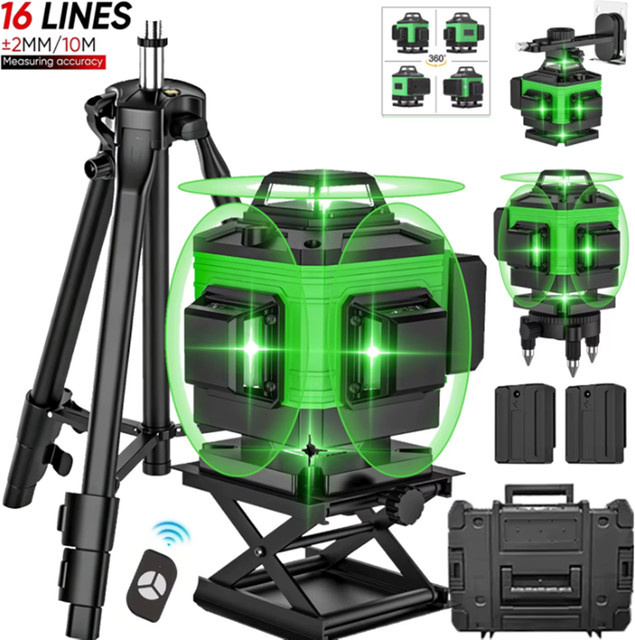 Professionelles 4D-Lasernivelliergerät mit 16 Linien und grünen Laserstrahlen inklusive Stativ und 2 Batterien zur horizontalen und vertikalen Selbstnivellierung - Bild 1