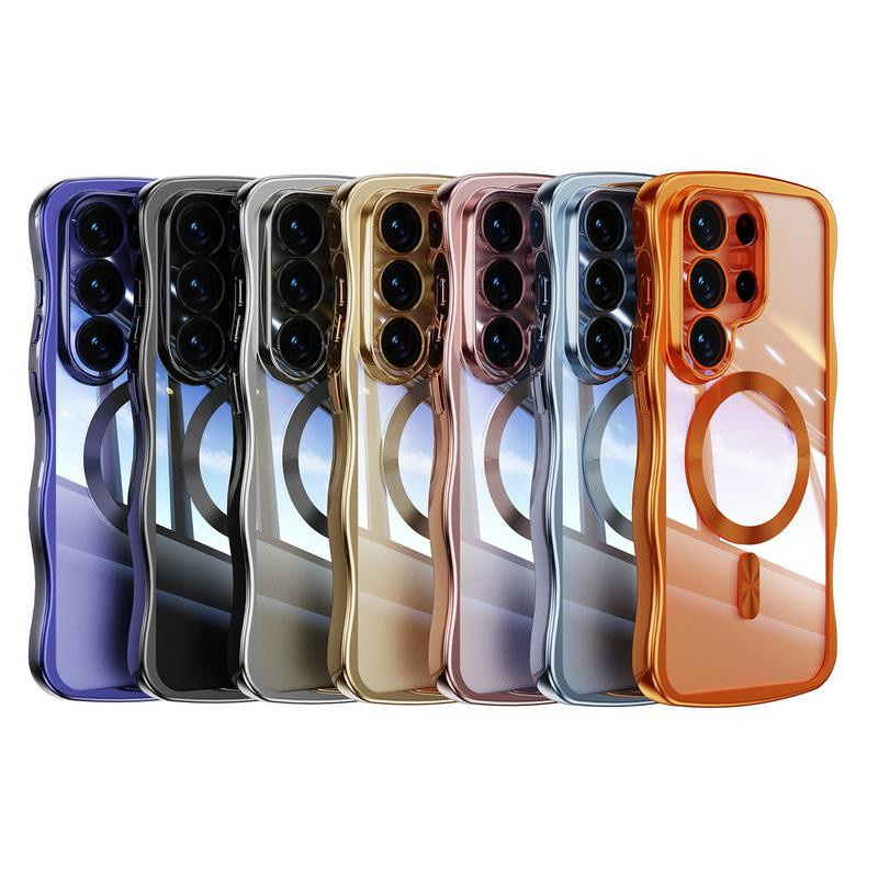 Chinatop-3c Magnetische Silikon-Handyhülle mit vergoldetem Wellenrahmen für Samsung Galaxy S24 Ultra S25 Ultra S26 Ultra und S24 Plus, Transparent mit Dunkelviolett - Bild 3