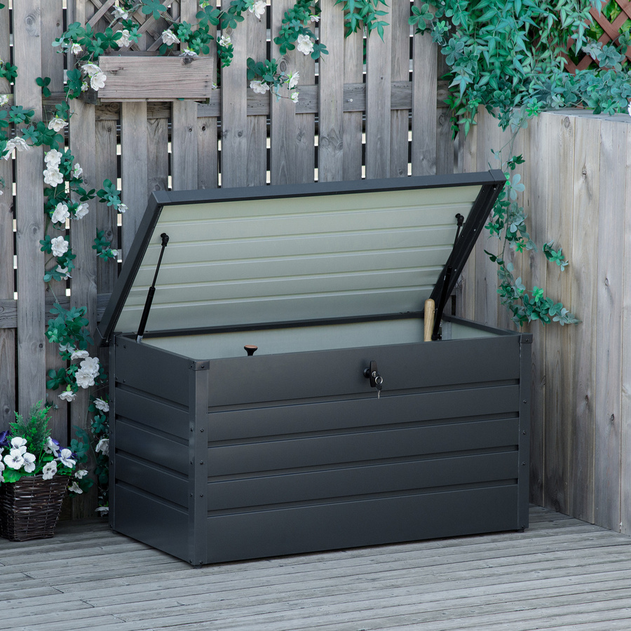 Outsunny Gartenbank Truhe aus Stahl mit Schloss, moderne Sitzbank mit Stauraum in Grau, B/T/H: 120 x 62 x 62 cm - Bild 2