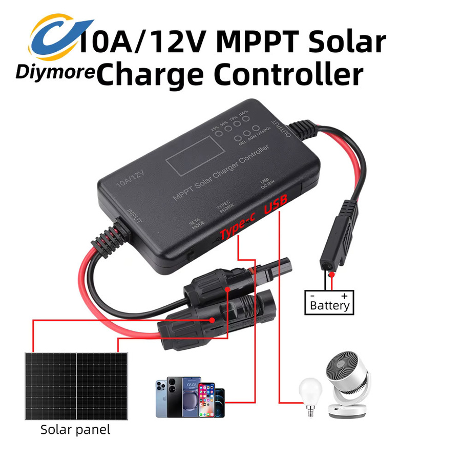 diymore MPPT Solar-Laderegler 12V 10A für Blei-Säure- und Lithium-Batterien in Schwarz mit USB-Typ-C-Schnittstelle - Bild 1