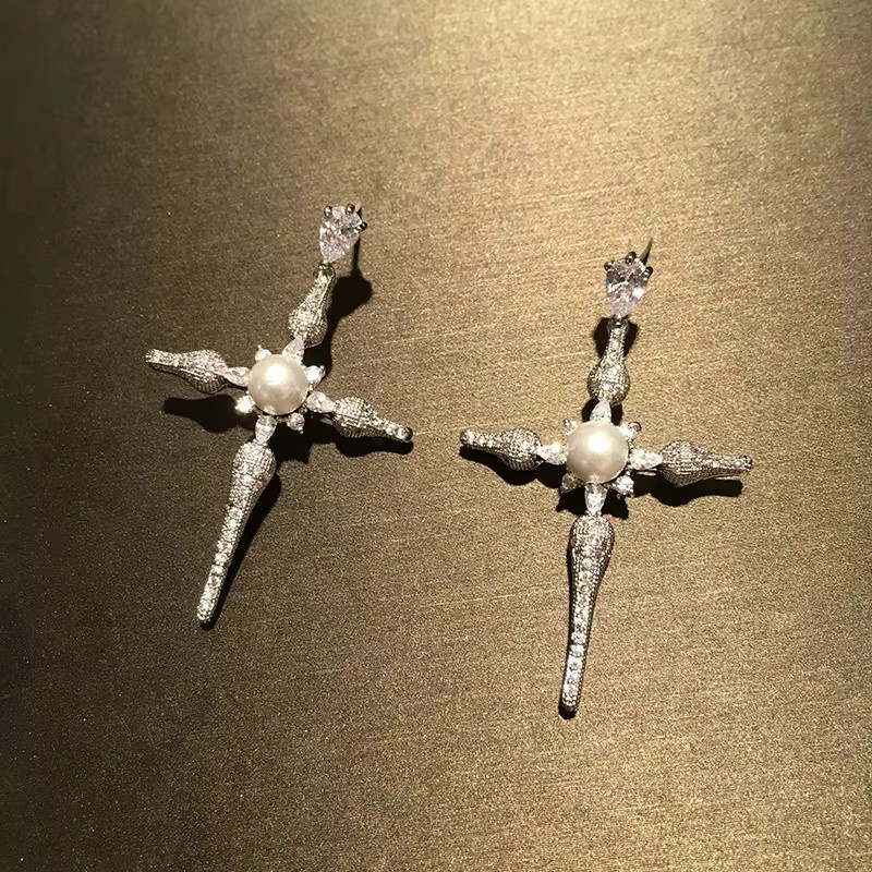 Huitan Ohrringe, Kreuz-Tropfen, Imitationsperlen, CZ, Damen - Bild 2