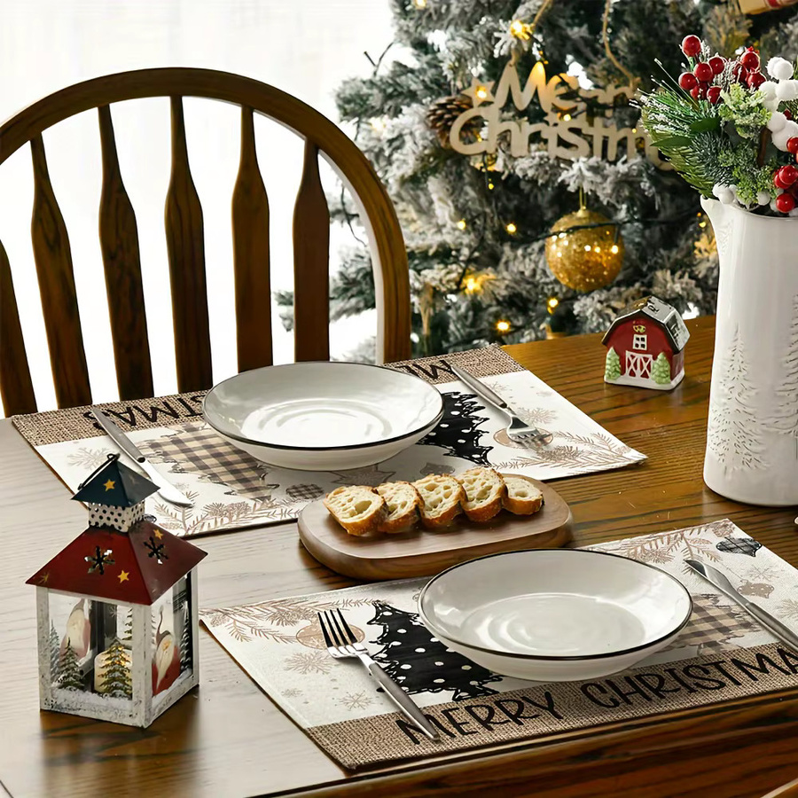VIKAMA 4-teiliges weihnachtliches Tischset aus Leinen mit Goldrand und Tannenzapfen-Design - Bild 2
