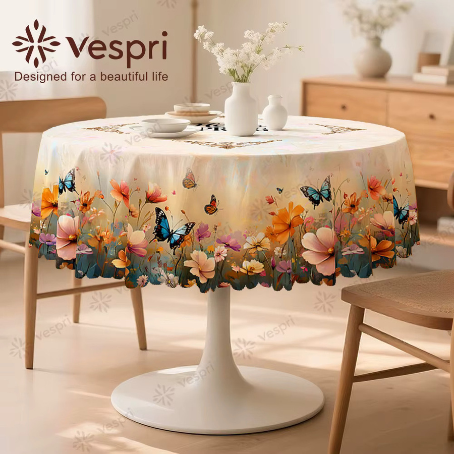 Vespri Frühlingstischdecke mit Blumen- und Schmetterlingsmuster in Weiß und Gelb aus Polyester - Bild 2
