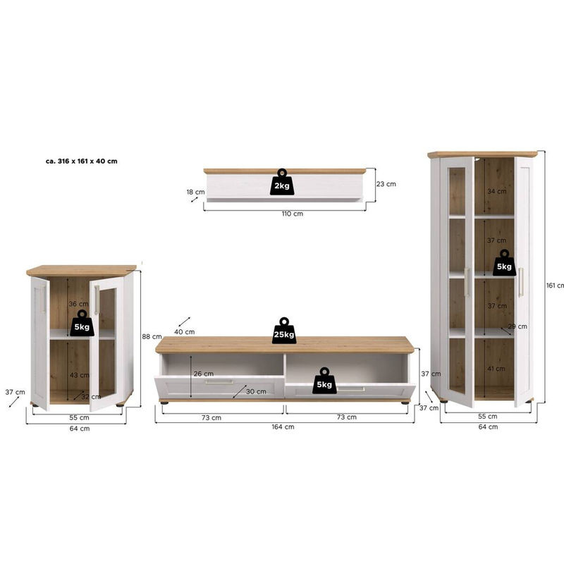 Wohnwand VERONA von xonox.home in Braun im Landhaus-Look mit Lärche und Eiche Nachbildung, B/H/T: 316 x 161 x 40 cm - Bild 2